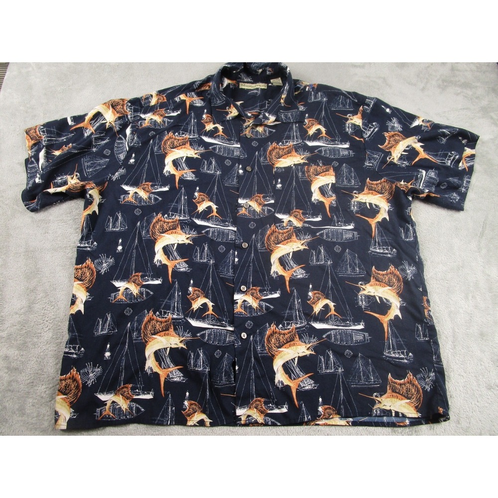 Munsingwear Shirt Mens XXL BLue Fishing All Over‎ Print Marlin Boats Preppy